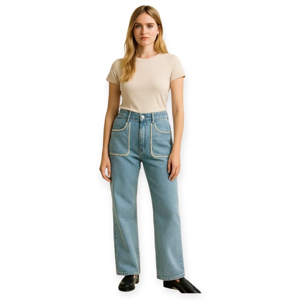 Zara Light Wash Wide Leg Jeans Embroidered Boho High Rise Size 6 Blue Jeans